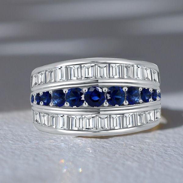 Triple Row Blue Sapphire Wedding Band 2.35CT TW Sterling Silver Anniversary Ring