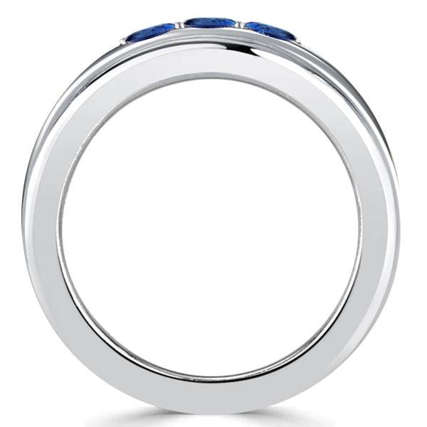 Triple Row Blue Sapphire Wedding Band 2.35CT TW Sterling Silver Anniversary Ring