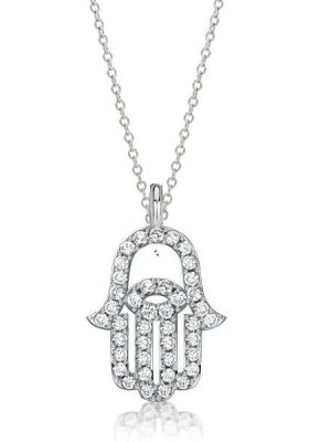 White Sapphire Evil Eye Hamsa Necklace - Sterling Silver Protection Amulet