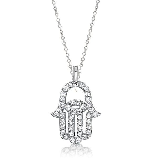 White Sapphire Evil Eye Hamsa Necklace - Sterling Silver Protection Amulet
