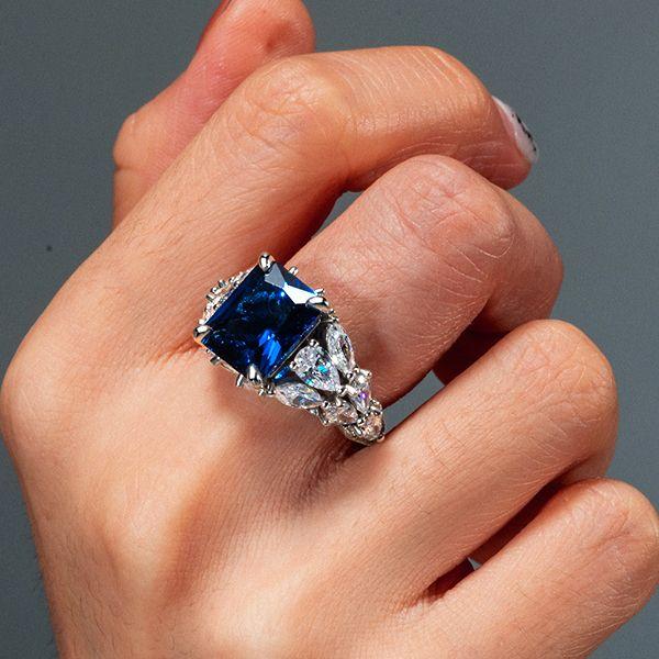 Radiant & Pear Cut Blue Sapphire Engagement Ring - 925 Sterling Silver