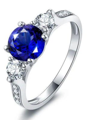 Three Stone Sapphire Engagement Ring - 925 Sterling Silver, 1.00 CT Center Stone