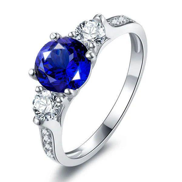Three Stone Sapphire Engagement Ring - 925 Sterling Silver, 1.00 CT Center Stone