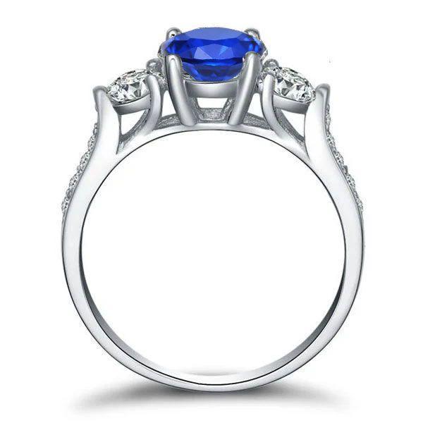 Three Stone Sapphire Engagement Ring - 925 Sterling Silver, 1.00 CT Center Stone