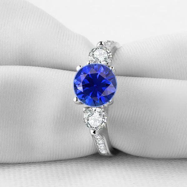 Three Stone Sapphire Engagement Ring - 925 Sterling Silver, 1.00 CT Center Stone