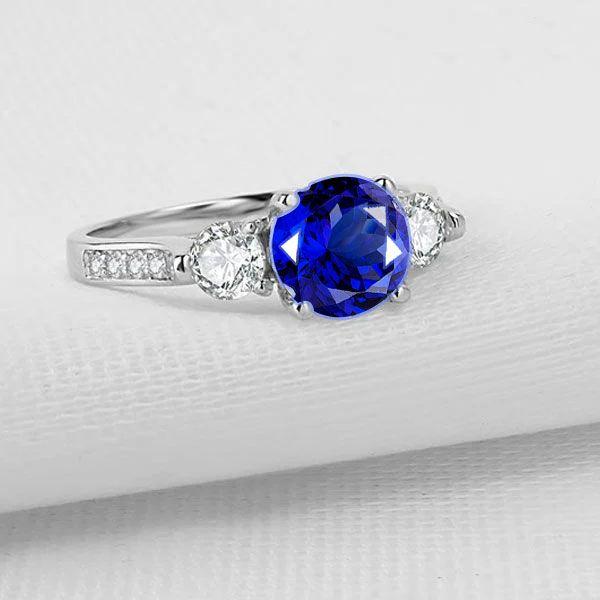 Three Stone Sapphire Engagement Ring - 925 Sterling Silver, 1.00 CT Center Stone
