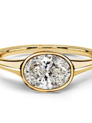 Bezel Set Oval Cut Cubic Zirconia Engagement Ring - 18K Gold Plated Sterling Silver Travel Wedding Band