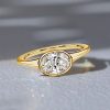 Bezel Set Oval Cut Cubic Zirconia Engagement Ring - 18K Gold Plated Sterling Silver Travel Wedding Band
