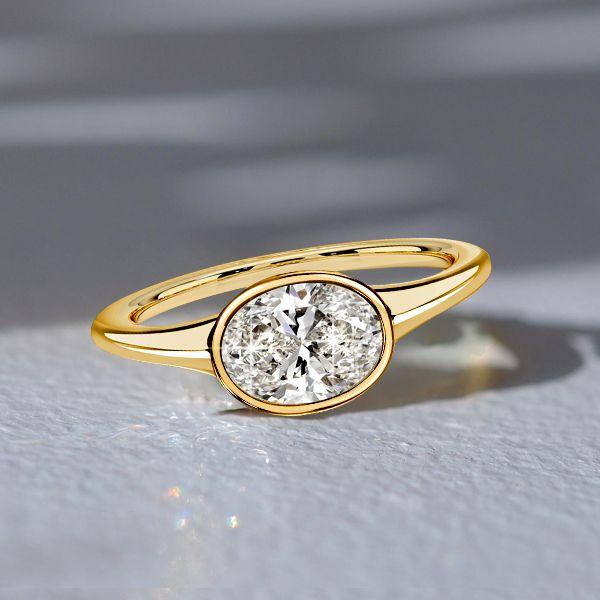 Bezel Set Oval Cut Cubic Zirconia Engagement Ring - 18K Gold Plated Sterling Silver Travel Wedding Band