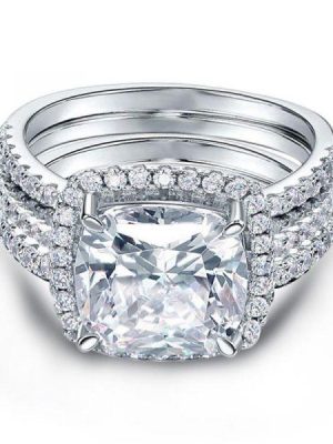 Halo Cushion White Sapphire 925 Sterling Silver 3PC Wedding Ring Set