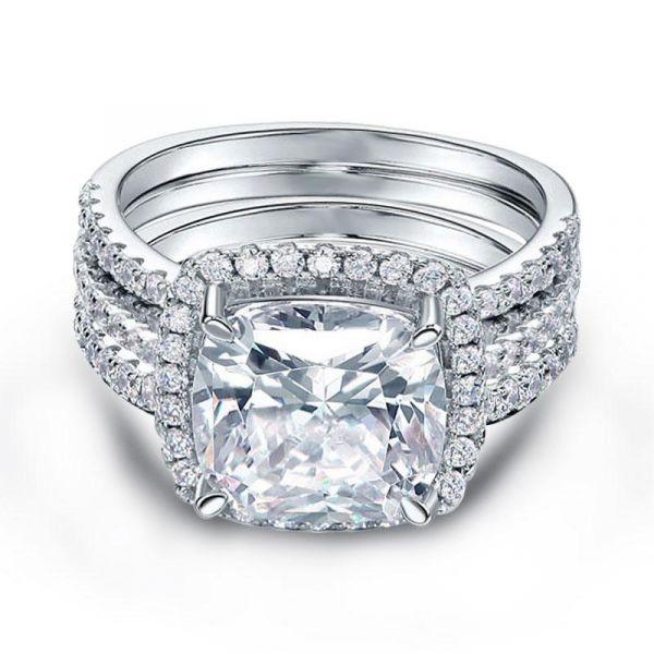 Halo Cushion White Sapphire 925 Sterling Silver 3PC Wedding Ring Set