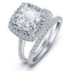 Halo Cushion White Sapphire 925 Sterling Silver 3PC Wedding Ring Set