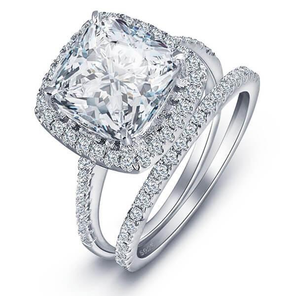 Halo Cushion White Sapphire 925 Sterling Silver 3PC Wedding Ring Set