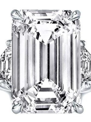 Three Stone Emerald Cut Created White Sapphire Engagement Ring in Rhodium Plated Sterling Silver