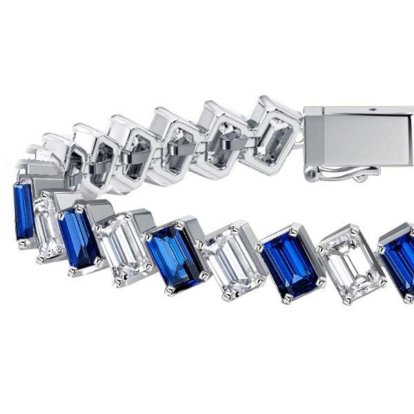 Emerald Cut White and Blue Stone Tennis Bracelet in Sterling Silver for Women