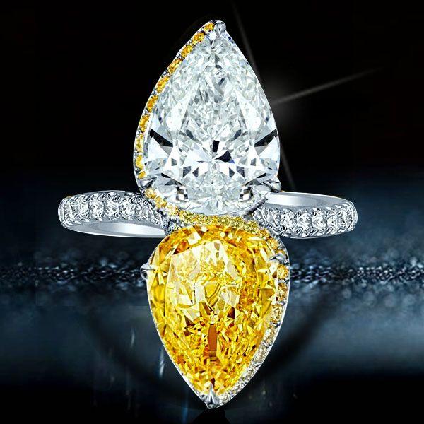 Pear Cut Engagement Ring - Yellow & White Sterling Silver Twin Stone