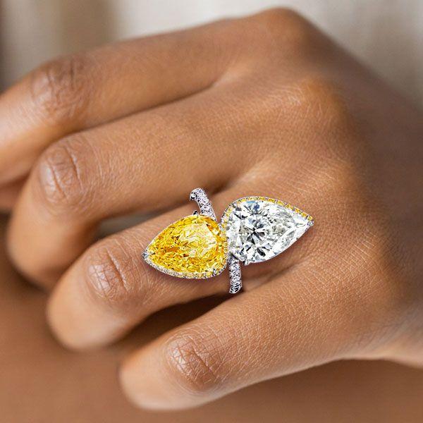 Pear Cut Engagement Ring - Yellow & White Sterling Silver Twin Stone