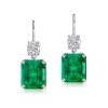 Emerald Cut & Cushion Cut Emerald Color Drop Earrings in Rhodium Plated Sterling Silver