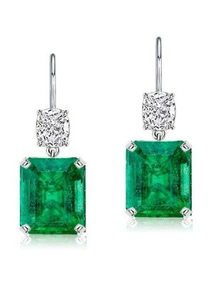 Emerald Cut & Cushion Cut Emerald Color Drop Earrings in Rhodium Plated Sterling Silver