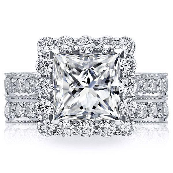 Milgrain Halo White Sapphire Bridal Set - Sterling Silver Engagement Ring