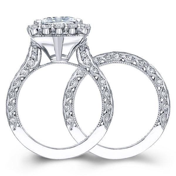 Milgrain Halo White Sapphire Bridal Set - Sterling Silver Engagement Ring