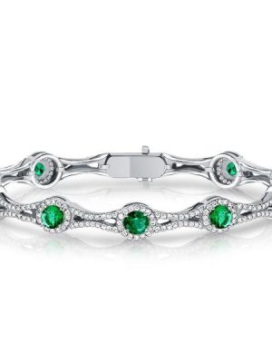 Emerald Green Halo Tennis Bracelet in Sterling Silver (Round Cut)