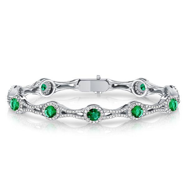 Emerald Green Halo Tennis Bracelet in Sterling Silver (Round Cut)