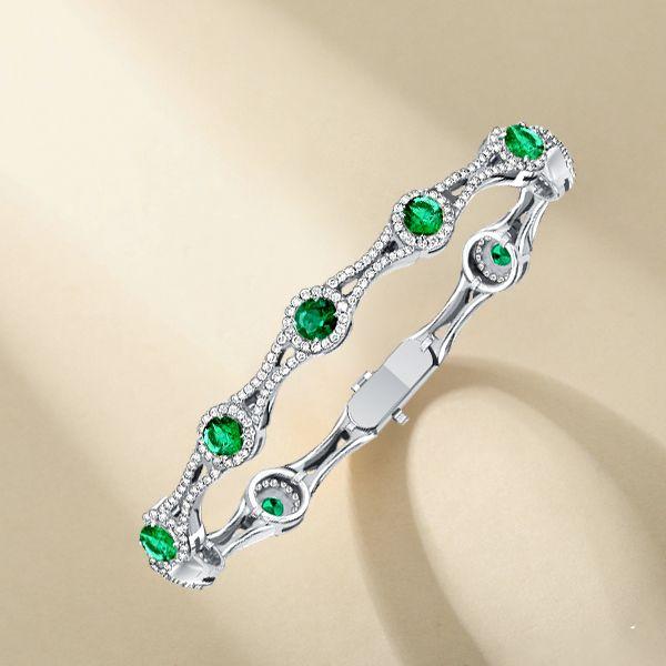 Emerald Green Halo Tennis Bracelet in Sterling Silver (Round Cut)