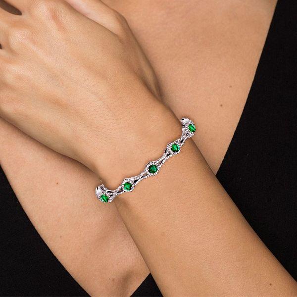 Emerald Green Halo Tennis Bracelet in Sterling Silver (Round Cut)