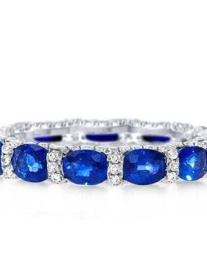 Oval Created Sapphire Wedding Band in 925 Sterling Silver with Rhodium Finish
