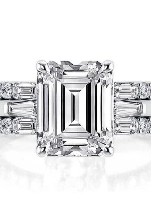 Classic Solitaire Created White Sapphire 3-Piece Wedding Ring Set in Rhodium-Plated Sterling Silver