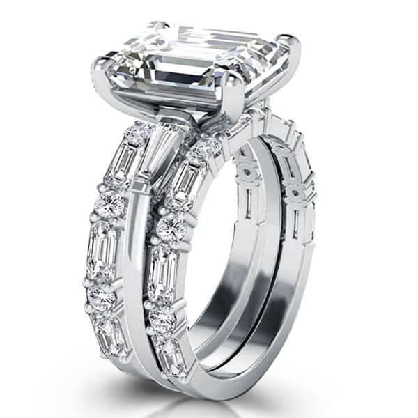 Classic Solitaire Created White Sapphire 3-Piece Wedding Ring Set in Rhodium-Plated Sterling Silver