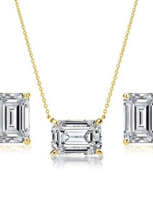Emerald Cut Necklace & Stud Earrings Set - 18K Gold Plated Sterling Silver