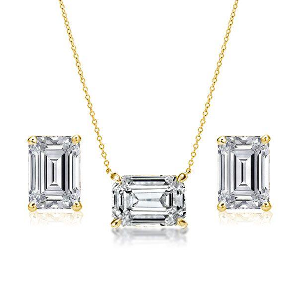 Emerald Cut Necklace & Stud Earrings Set - 18K Gold Plated Sterling Silver