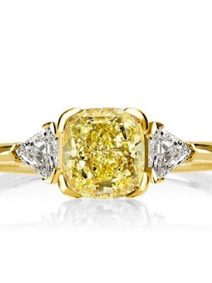 Golden Cushion Cut Yellow Topaz Three Stone Engagement Ring - 18K Gold Plated Sterling Silver