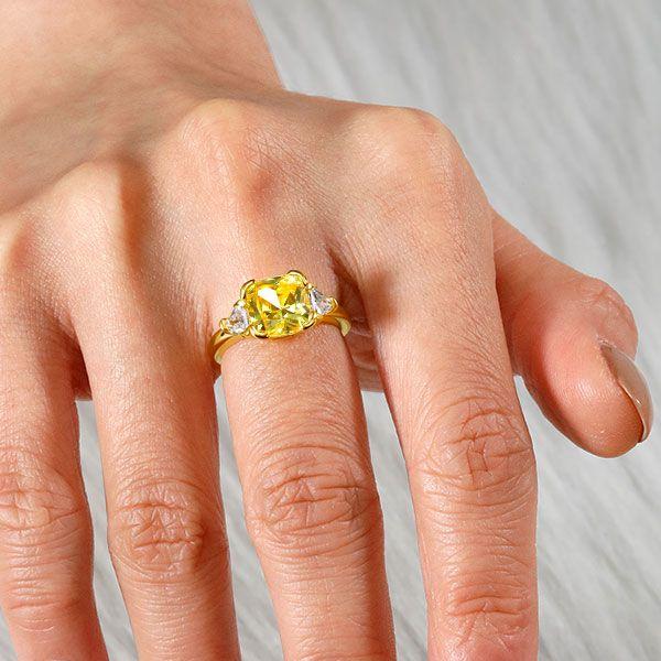 Golden Cushion Cut Yellow Topaz Three Stone Engagement Ring - 18K Gold Plated Sterling Silver