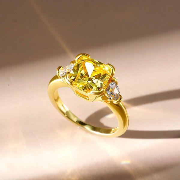 Golden Cushion Cut Yellow Topaz Three Stone Engagement Ring - 18K Gold Plated Sterling Silver