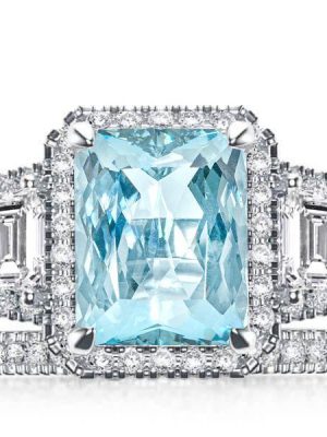 Aquamarine Radiant Cut Halo Engagement Ring Set - Sterling Silver