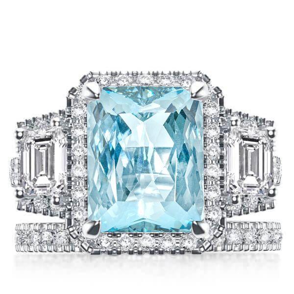 Aquamarine Radiant Cut Halo Engagement Ring Set - Sterling Silver