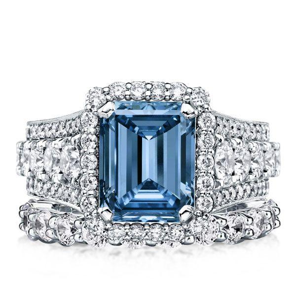 Halo Emerald Cut Blue Topaz Bridal Ring Set - 925 Sterling Silver, 9.06 CT TW