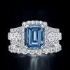 Halo Emerald Cut Blue Topaz Bridal Ring Set - 925 Sterling Silver, 9.06 CT TW