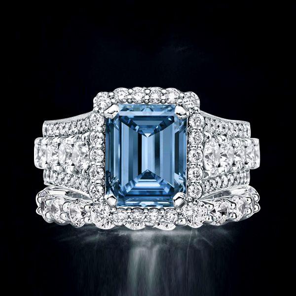 Halo Emerald Cut Blue Topaz Bridal Ring Set - 925 Sterling Silver, 9.06 CT TW
