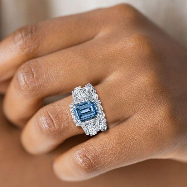 Halo Emerald Cut Blue Topaz Bridal Ring Set - 925 Sterling Silver, 9.06 CT TW