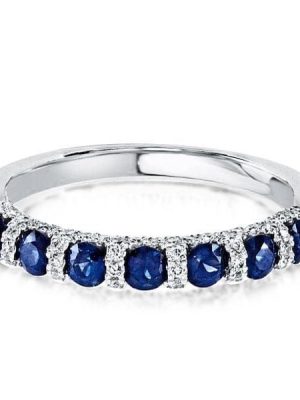 Sterling Silver Halo Round Blue Stone Wedding Band for Women