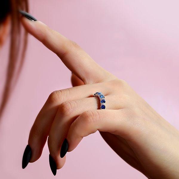 Sterling Silver Halo Round Blue Stone Wedding Band for Women