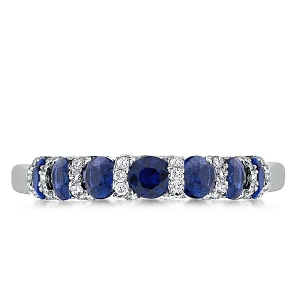 Sterling Silver Halo Round Blue Stone Wedding Band for Women