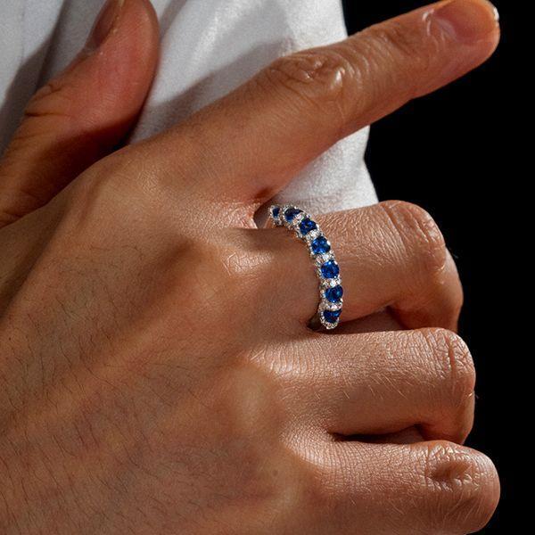 Sterling Silver Halo Round Blue Stone Wedding Band for Women