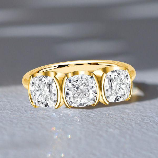 Cushion Cut White Sapphire 3-Stone Engagement Ring - 18K Gold Plated Sterling Silver