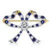 Vintage Blue & White Round Cut Bow Brooch Pin in 925 Sterling Silver Plated