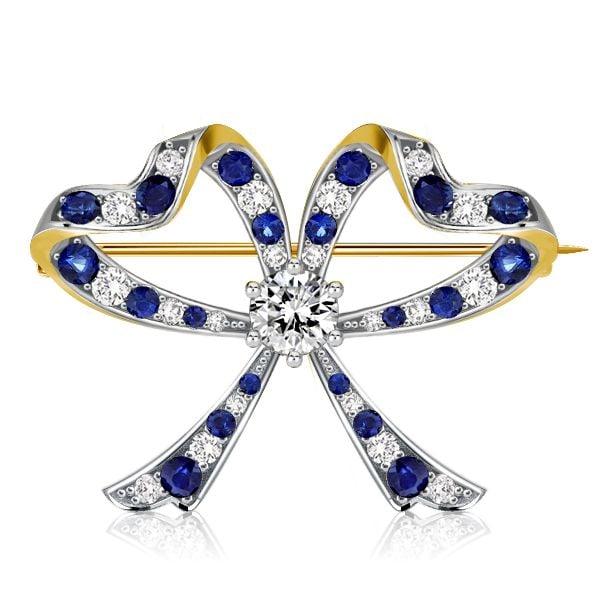 Vintage Blue & White Round Cut Bow Brooch Pin in 925 Sterling Silver Plated